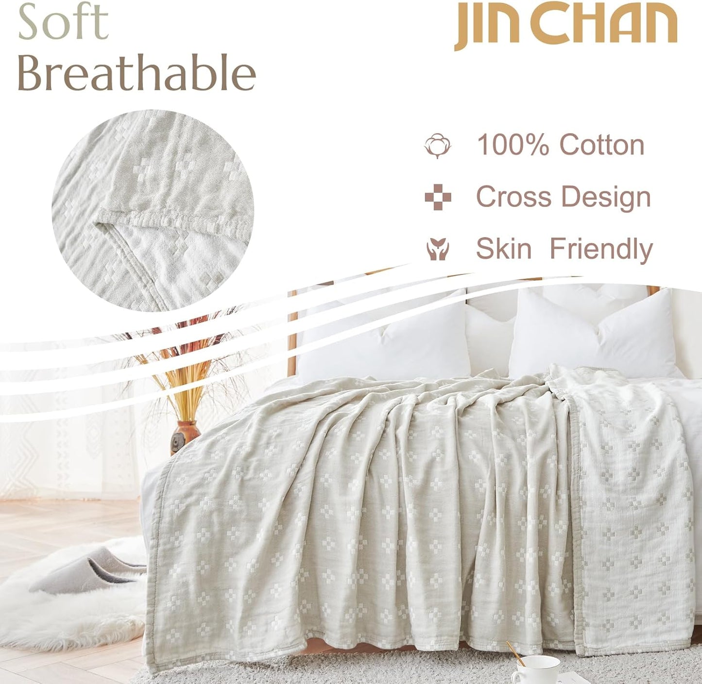 jinchan Boho 100% Cotton Blanket Muslin 50x60 Inches Lightweight 3-Layer Geometric Cross Pattern Reversible Quilt Throw Soft Breathable Comfy All Seasons for Couch Bed Decor, Light Grey