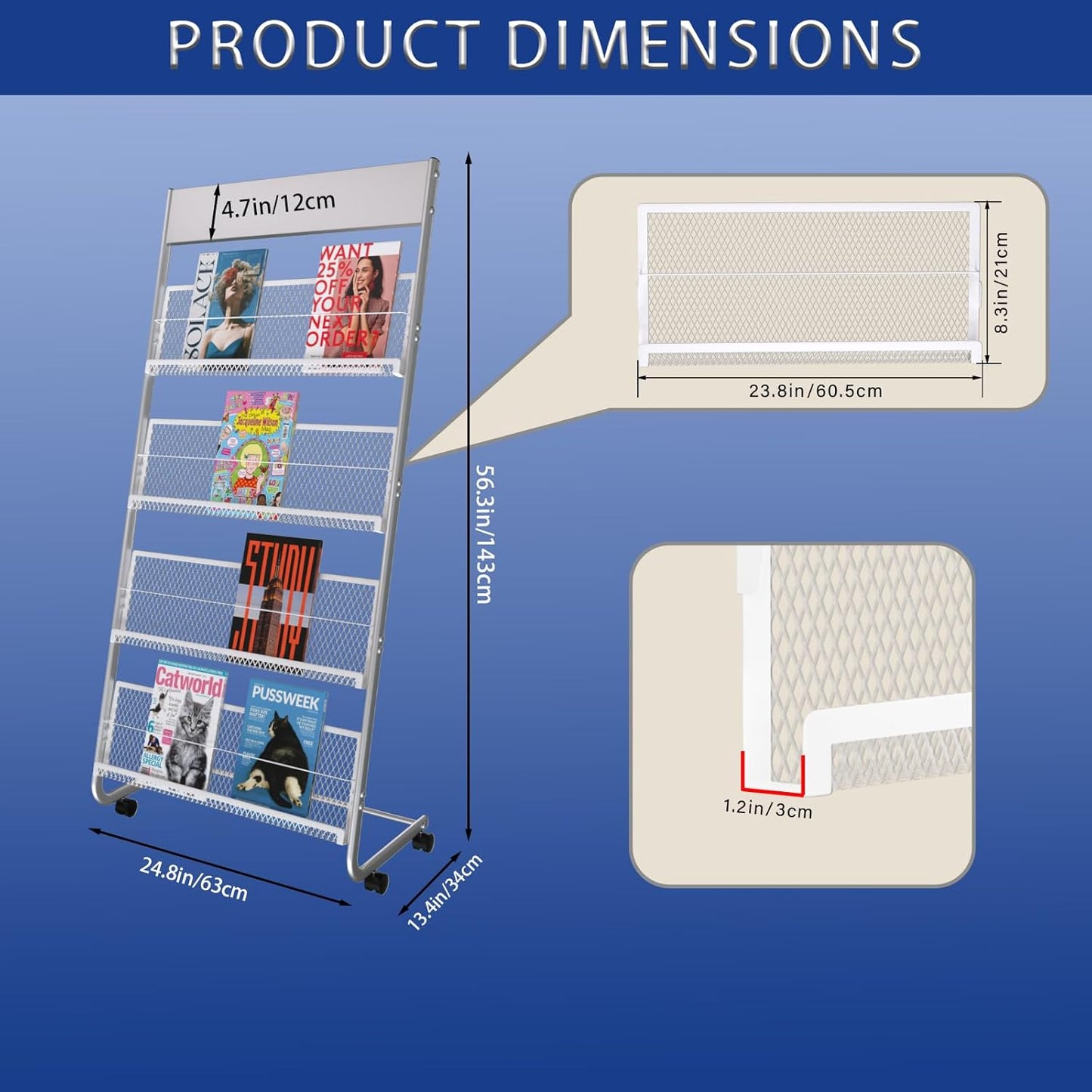 Yinghao Floor-Standing Magazine Rack, 4-Layer Iron Newspaper Rack, Suitable for the Display of Brochures or Documents in Exhibitions, Shopping Malls, Hospitals, Offices
