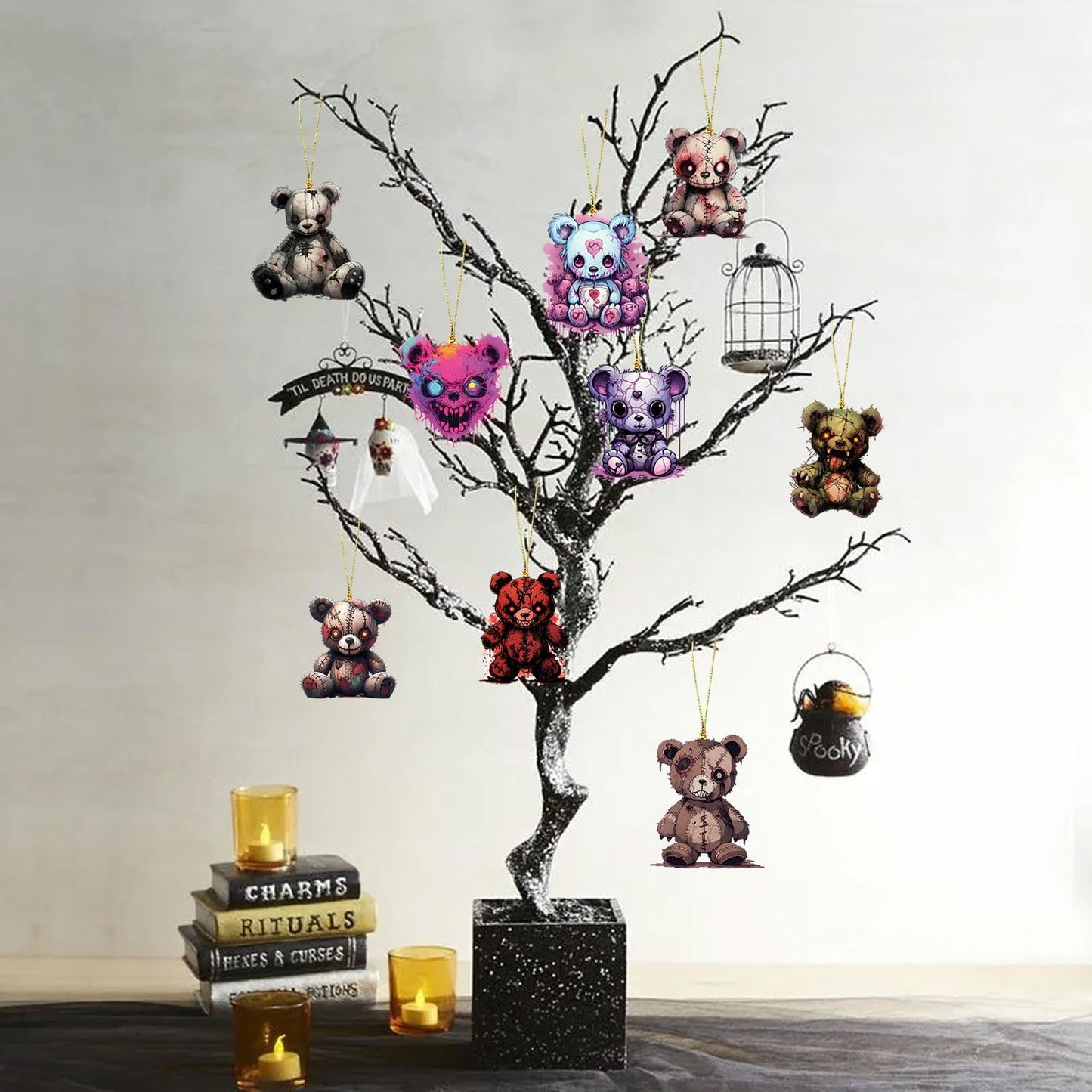 Halloween Tree Hanging Ornaments, 9 Pcs Cute Acrylic Pendant, Terror Bear Halloween Accessories, Funny Cartoon Christmas Tree Decoration for Mini Characters Decorations Indoor Outdoo