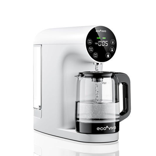 Ecoviva Countertop Reverse Osmosis Water Filter, 6 Stage RO Water Filtration System with Glass Carafe, TDS Displayr, 3:1 Pure to Drain, Portable No Installation Water Purifier White