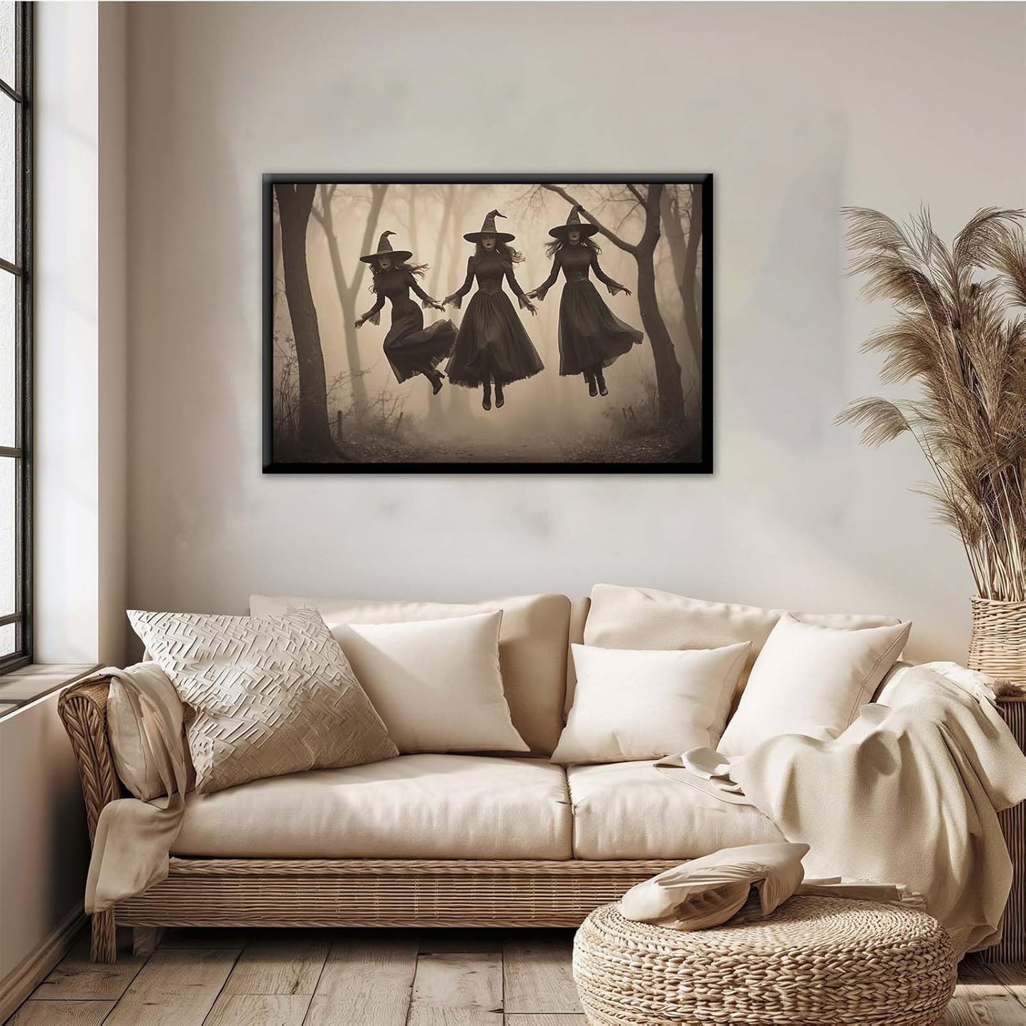 JFHCQJPK Three ghost witches flying in vintage forest gothic wall art witchcraft decoration holiday gift canvas wall art print16x24in Metal blackFramed