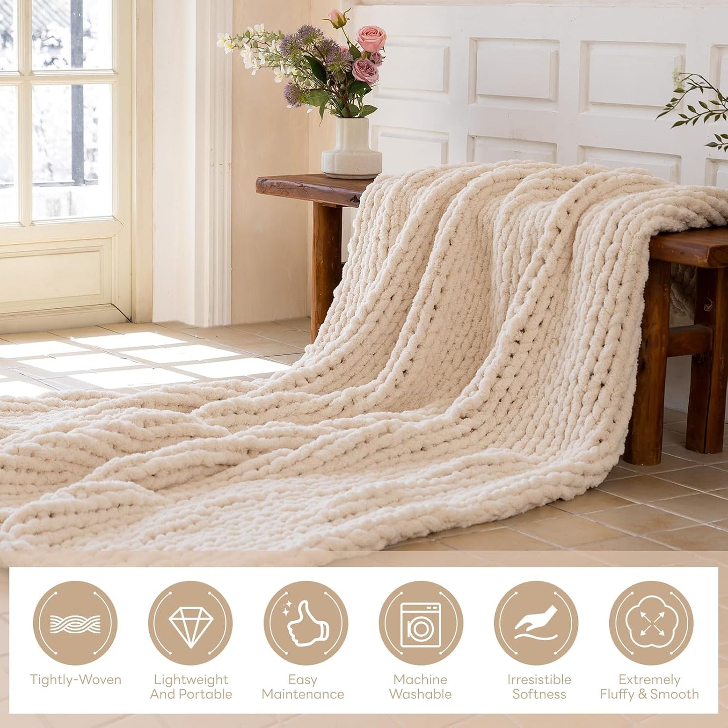 Chunky Knit Blanket - Luxury Soft Cozy 40 * 50 Throw Blanket,100% Woven Blanket Rope Knot Throw Blanket for Couch, Sofa, Home Decor, Gift - Machine Washable(Cream)