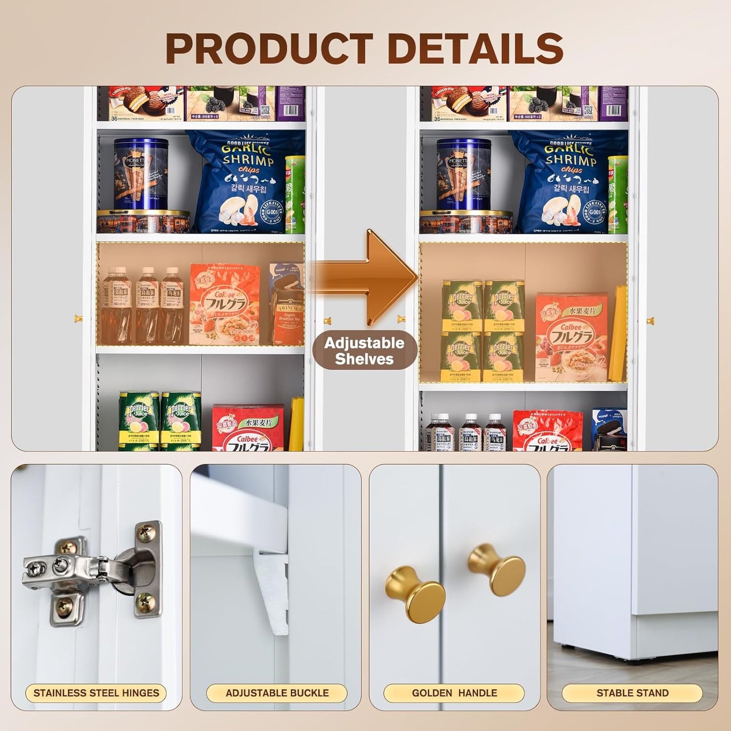 5 Tier Metal Curio Cabinets, Modern Bookshelf Cabinet with 4 Adjustable Shelves, Cabinet Display Case for Home Office, Living Room, Pantry (White-23.54W-Metal Door)