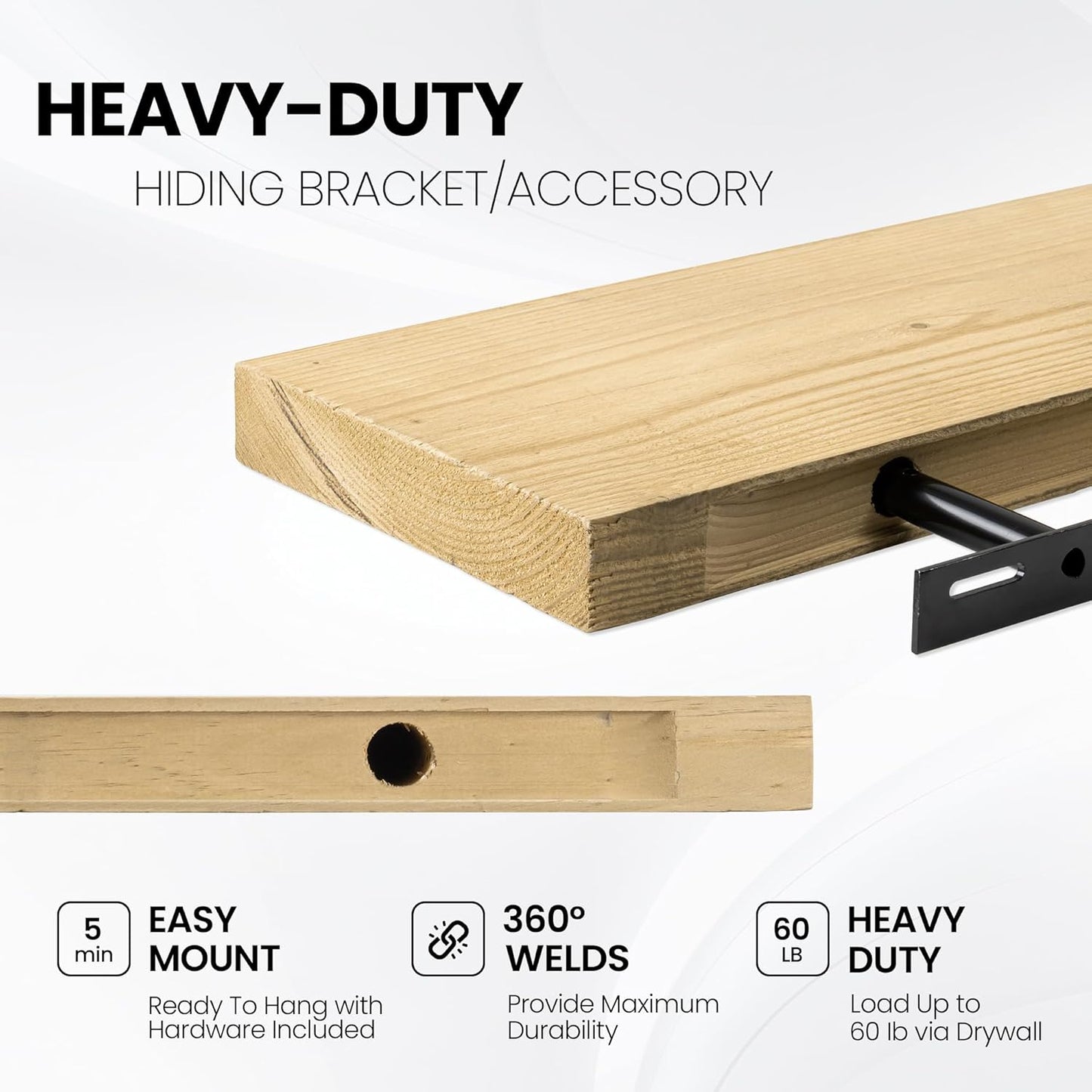 Fun Memories Floating Shelves for Wall Decor, 48"x8" Rustic Reclaimed Wood Shelves, Heavy-Duty Wall Mounted Shelves with Invisible Brackets for Living Room, Bedroom, Kitchen, Natural Finish, Set of 2