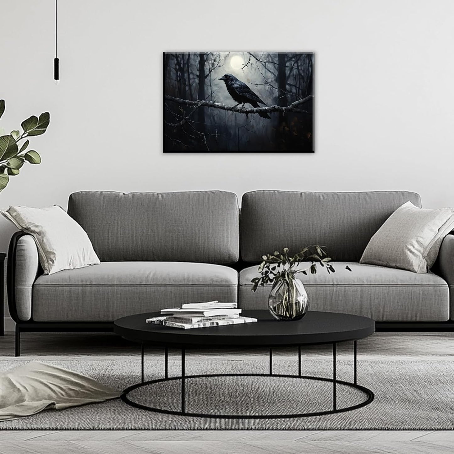 OAAPITI Crow Canvas Wall Art Black Crow Stand On The Branch Picture Print Moonlit Night Poster Vintage Forest Landscape Painting Artwork Living Room Halloween Decor(Artwork-1,20"x30")