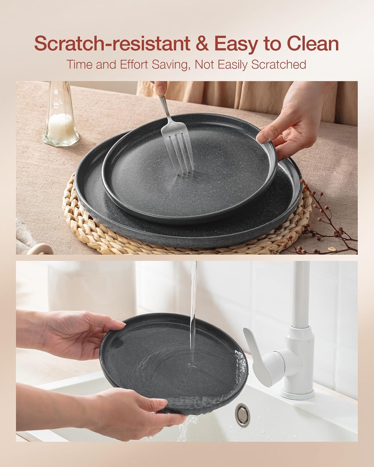 Famiware Milkyway Plates and Bowls Sets, 24 Pieces Dinnerware Sets, Reactive Glaze Dish Set, Stoneware Dishes Set for 8, Matte Dark Charcoal