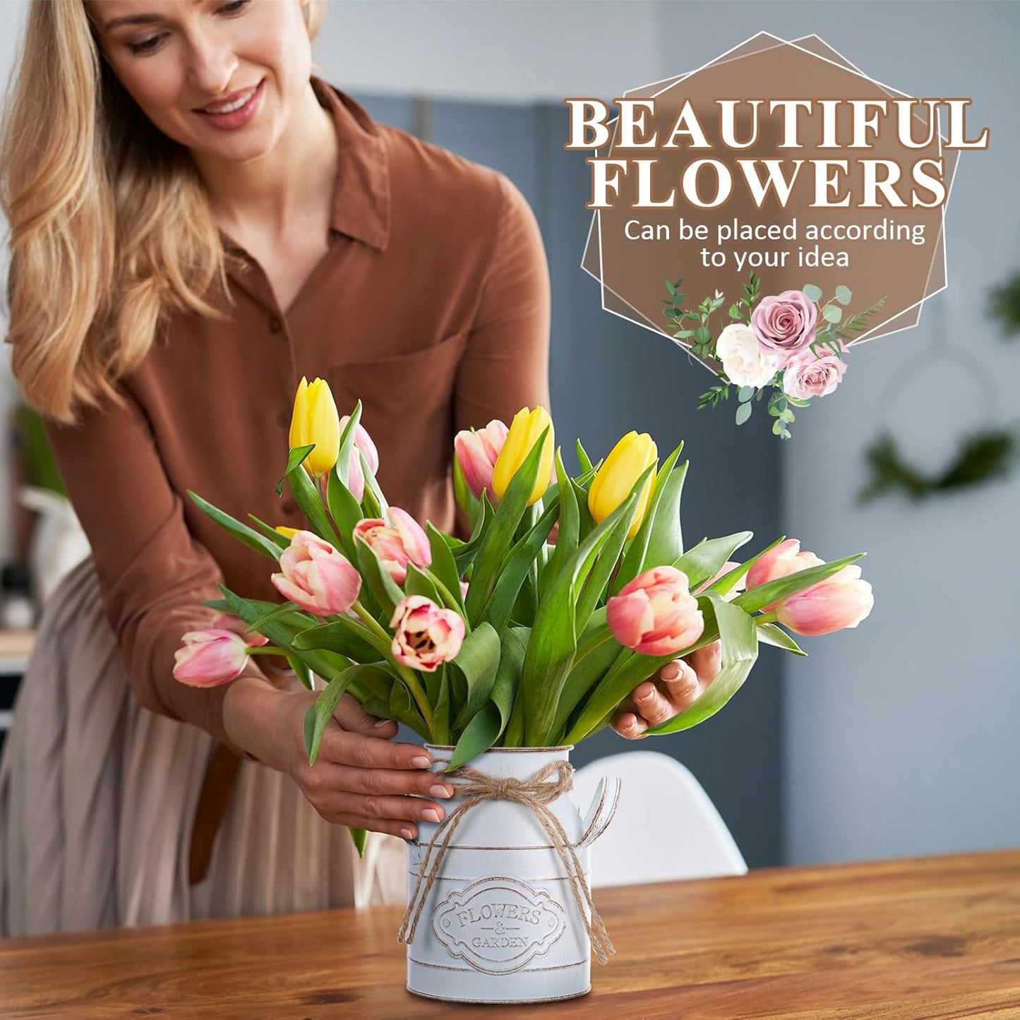 6 Inch Farmhouse Vase Decor Milk Can Vintage Flower Jug Galvanized Metal Vase with Handle Rustic Flower Buckets for Thanksgiving Christmas Table Centerpiece Weddings Gifts(Retro White,2 Pcs)