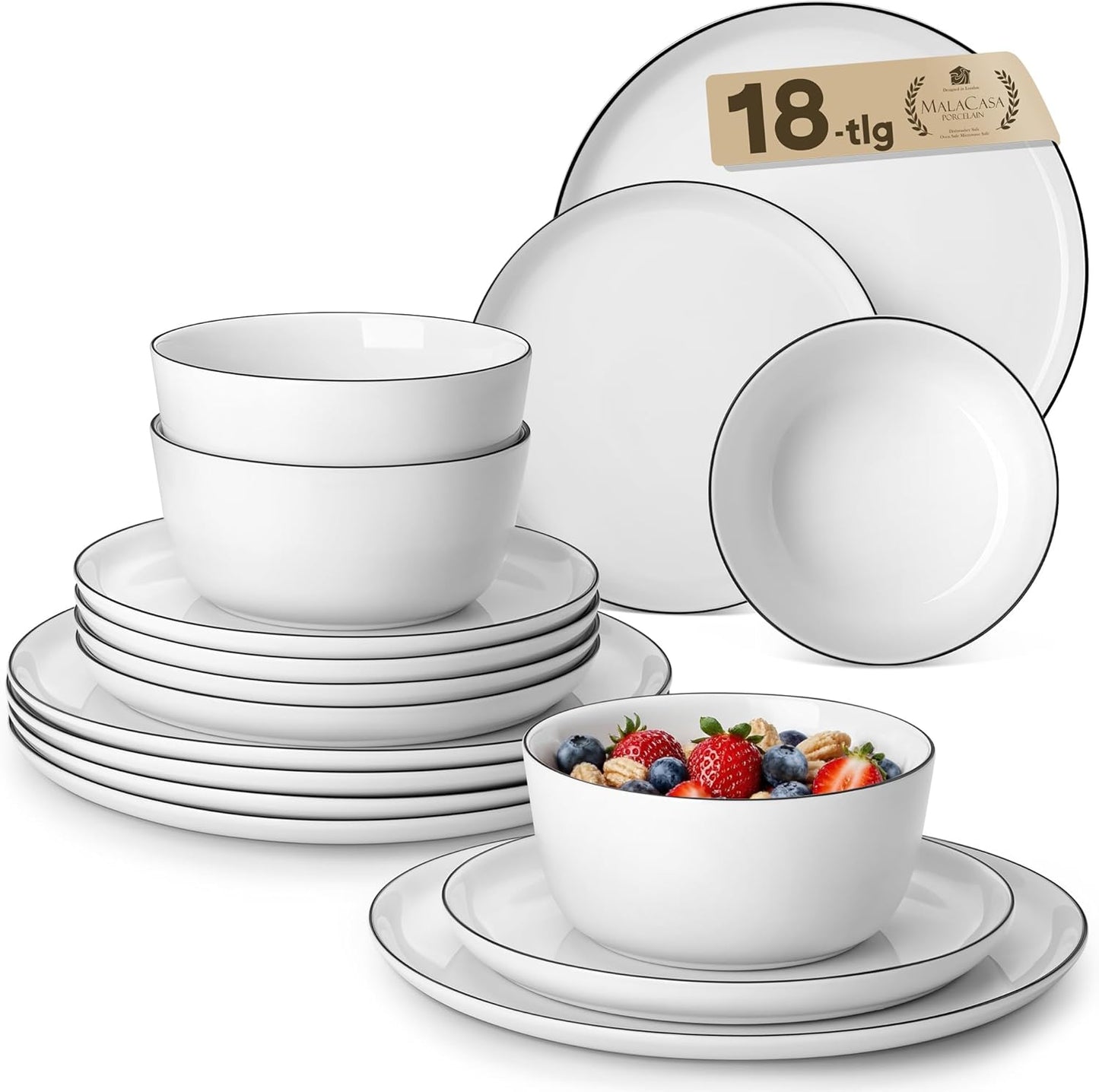 MALACASA 18 Pieces Gourmet Porcelain Dinnerware Sets, Premium Plates and Bowls Set, High-Fired Dishes Set for 6, Chip & Scratch Resistant, Microwave Dishwasher Safe, White & Black Rim, Series LEXI