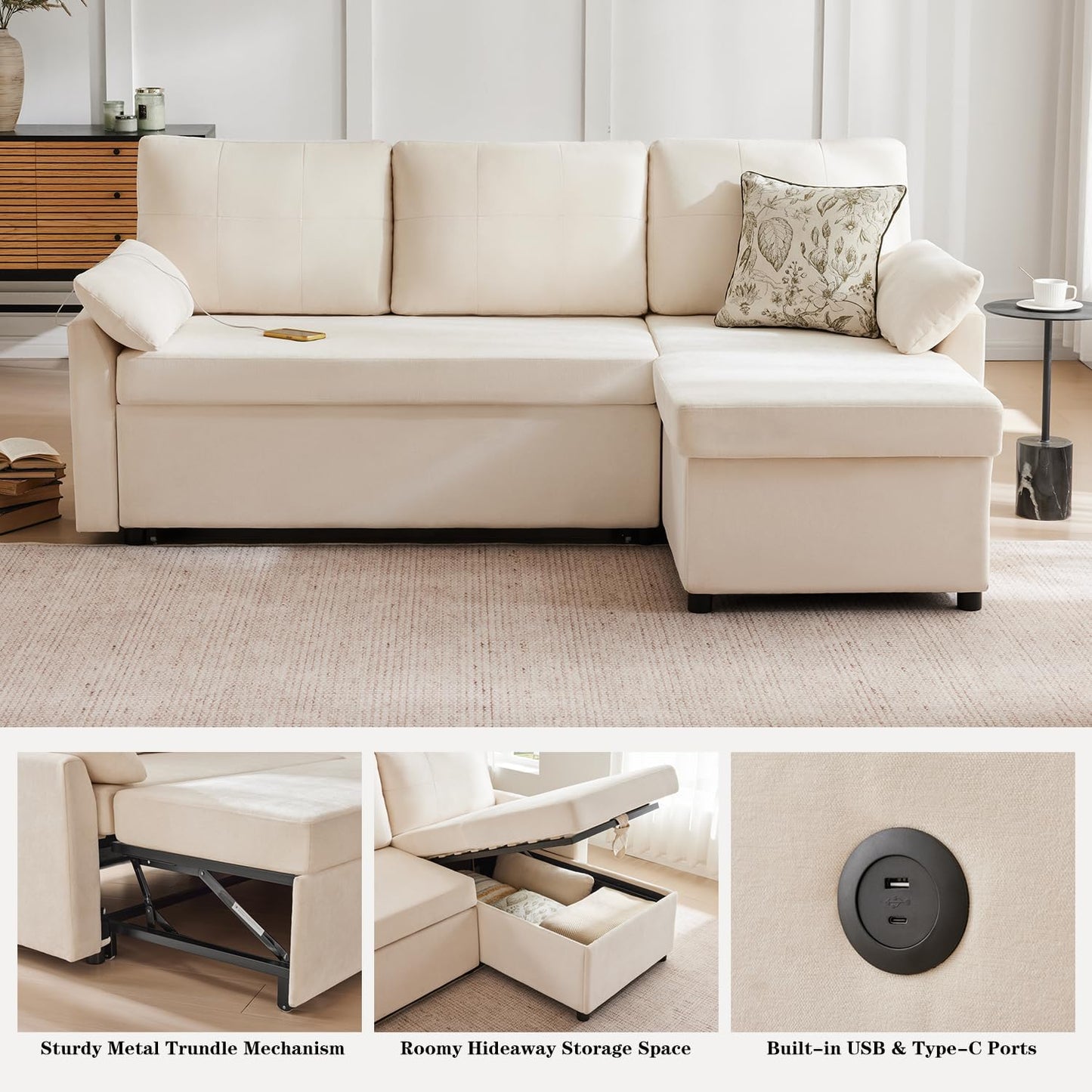 Waxberry Sectional Sofa Couch, Pull Out Couch Sleeper Sofa Bed with Storage for Living Room, Reversible Chaise, Side Pockets & Dual USB/Type-C Ports, Beige