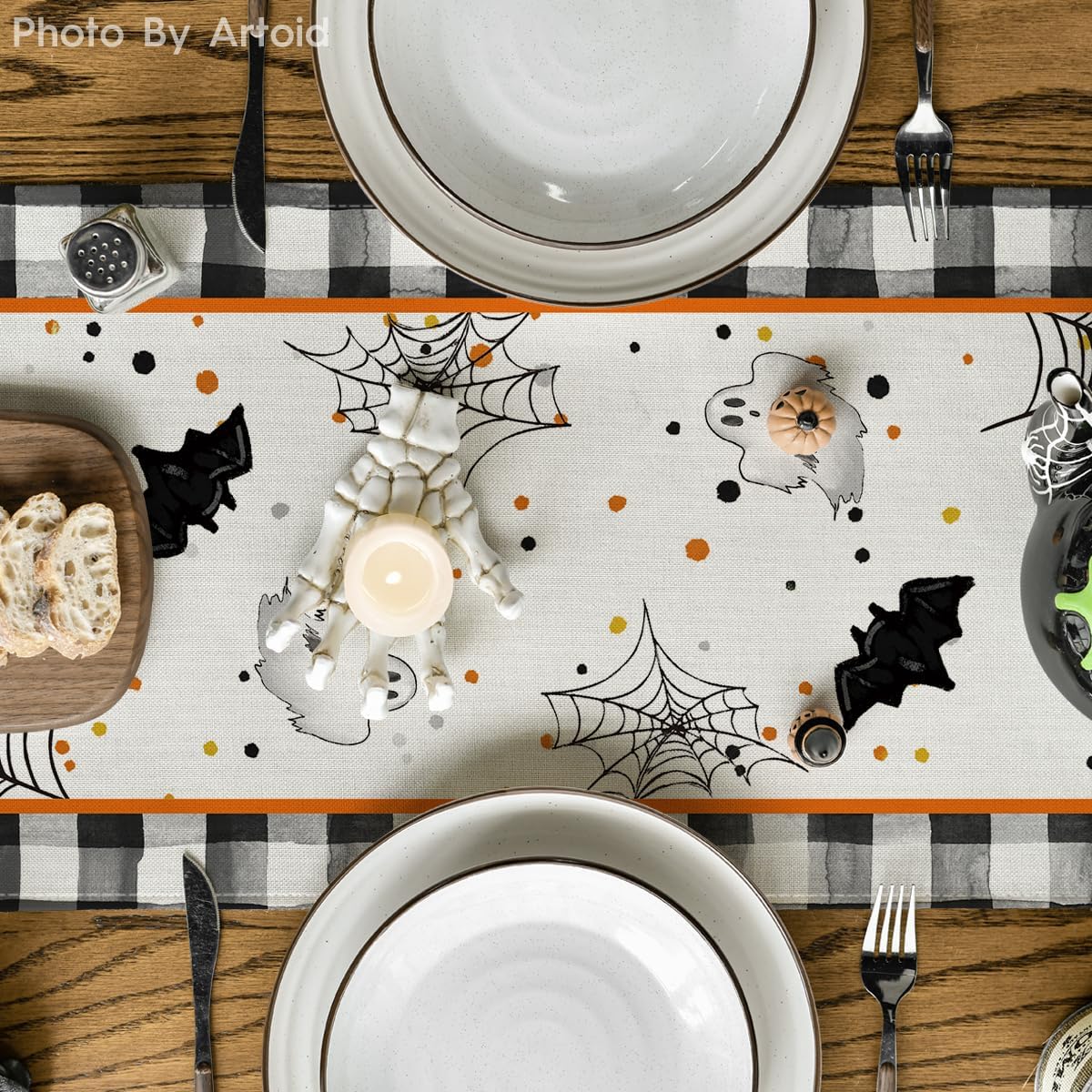 Artoid Mode Buffalo Plaid Gnome Bat Pumpkin Ghost Halloween Table Runner, Sensonal Kitchen Dining Table Decor for Home Party 13x60 Inch