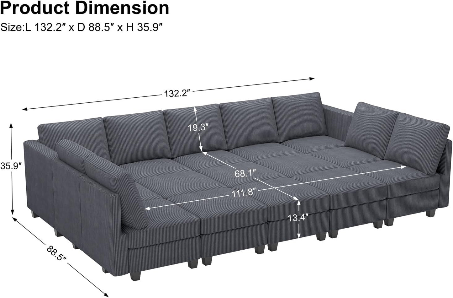 Belffin Large 15 Seat Modular Sectional Sofa with Storage Seat Corduroy Sleeper Sectional Sofa Bed Oversized Convertible Modular Couch for Living Room Dark Grey