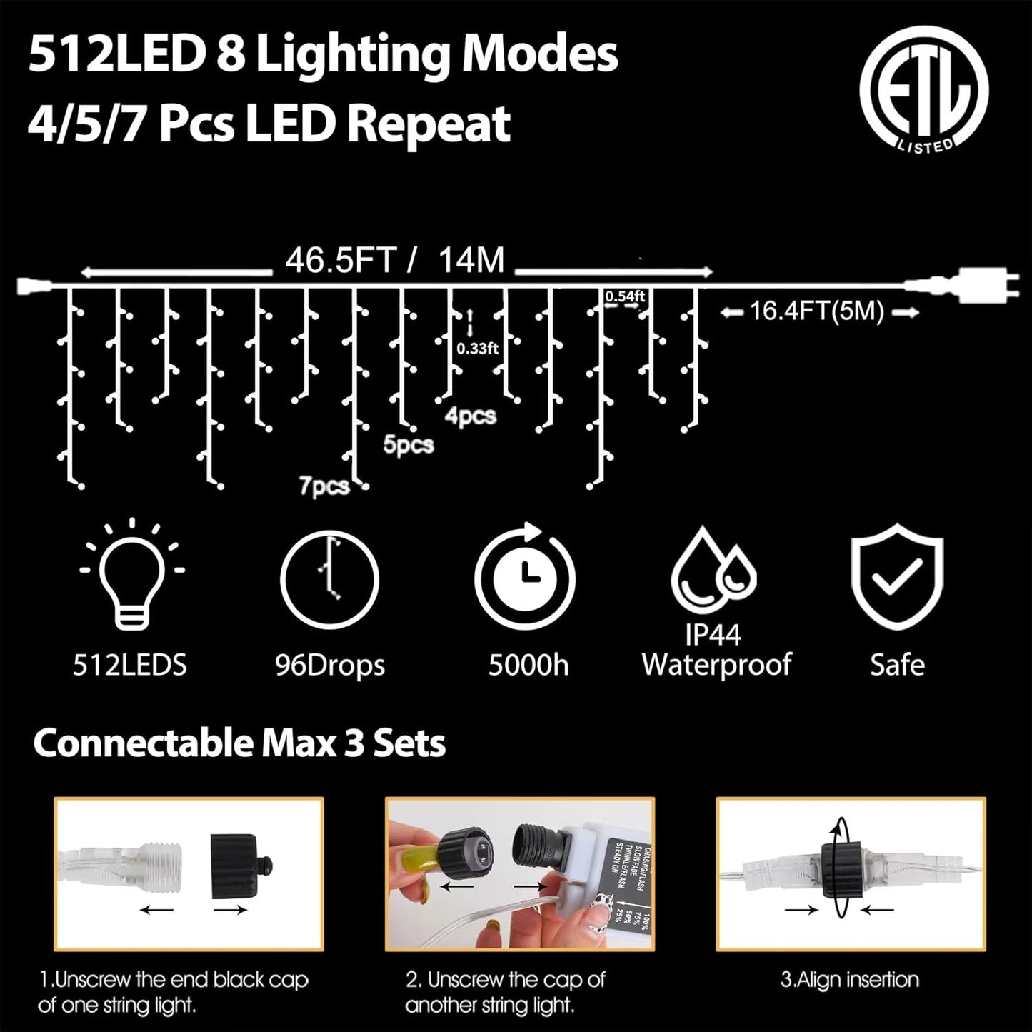 YiYLunneo Halloween Icicle Lights Outdoor, 512 LED 46.5 FT 8 Lighting Modes with Timer & Memory, Curtain Fairy String Lights with 96 Drops for Halloween Decorations Holiday Party Eaves Yard (Purple)