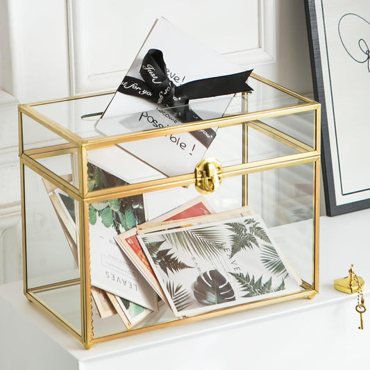 Glass Wedding Card Box with Slot, 10.2 inch Clear Card Box Gold Brass Gift Card Storage Box with Lock Perfect for Wedding Receptions, Baby Shower, Birthday Party, Bridal Shower