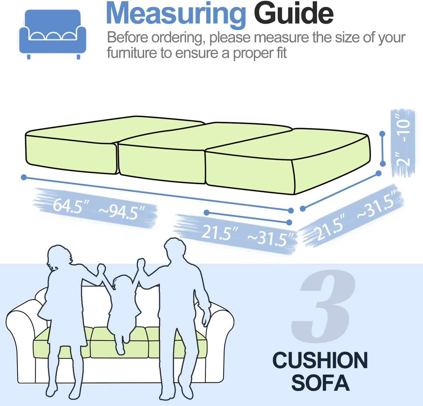 Couch Cushion Covers Individual Large Super Stretch Chenille (Softer Version) Sofa Cushion Covers, Couch Seat Covers Couch Slipcovers Furniture Protector (3PC, Green)