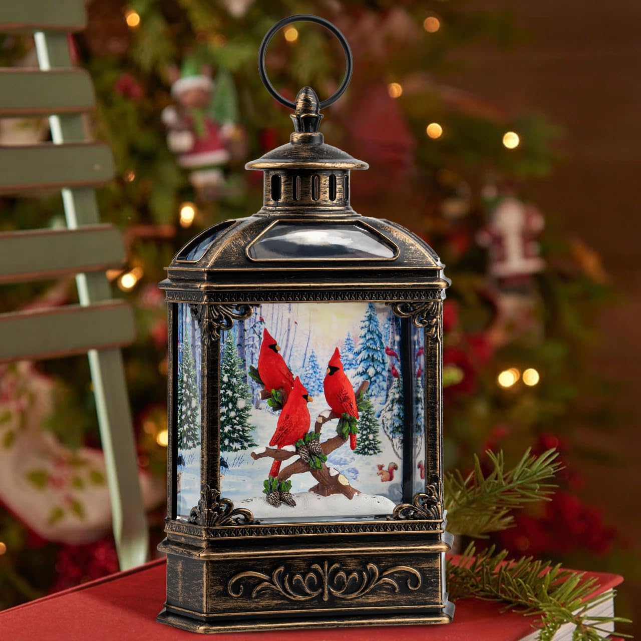 Christmas Snow Globe Water Glittering Cardinal with Music, USB Lined/Battery Operated Lighted Lantern for Christmas Festival Decoration Gifts