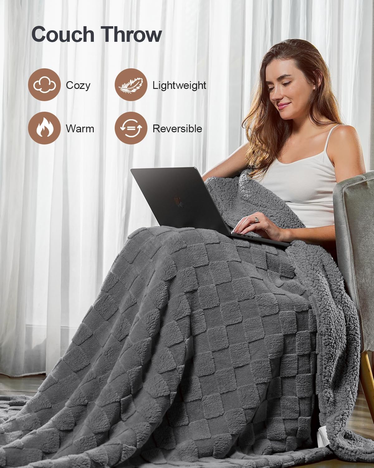 Pawque Super Soft Cozy Throw Blanket for Couch Sofa Bed - Fluffy Sherpa Fleece Reversible Thick Warm Fuzzy Blanket for All-Season, 3D Checkered Jacquard Elegant Decorative Blankets, Grey, 50" x 60"