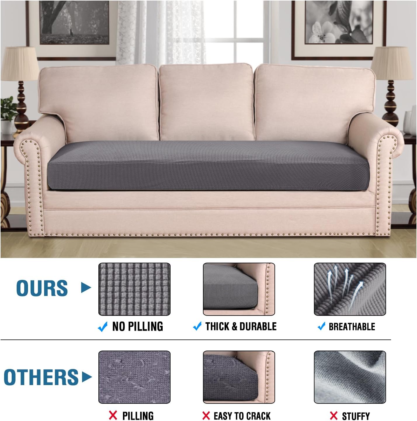 H.VERSAILTEX Super Stretch Individual Seat Cushion Covers Sofa Covers Couch Cushion Covers Slipcover Sets Thick Jacquard Textured Twill Fabric (1 Piece Sofa Cushion Cover, Grey)