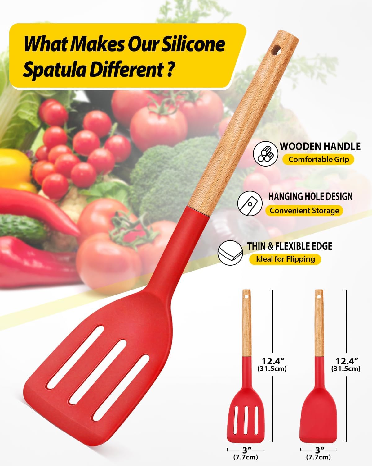 Pack of 2 Silicone Cooking Spatula, Heat Resistant Solid Turner, Non Stick Slotted Spatulas with Wooden Handle,Ideal Wood Kitchen Utensils Set for Frying, Baking, Flipping, Turning (RED)