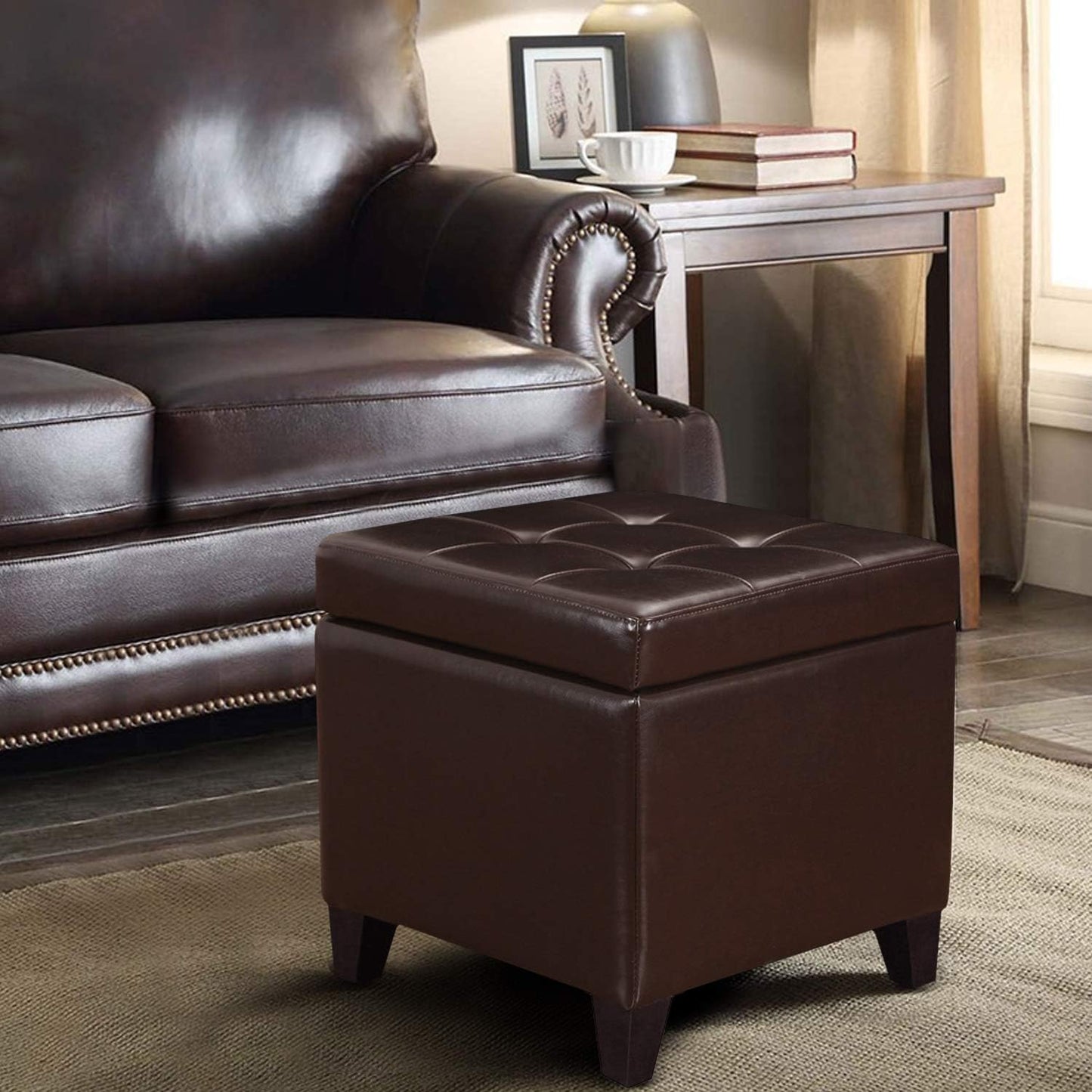 Adeco Bonded Leather Square Tufted Footstool, 18", Brown Storage Ottomans,