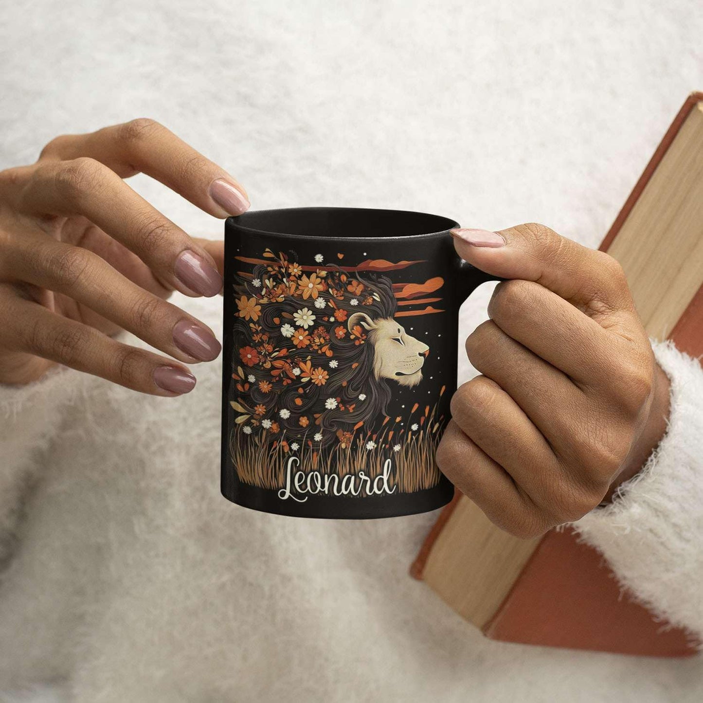 Personalized Lion Lover Cup with Vibrant Floral, Custom Name Coffee Mug 11oz or 15oz, Custom Nature Inspired Ceramic Cup, Artistic Lion Black Coffee Mug, Gifts for Women, Men