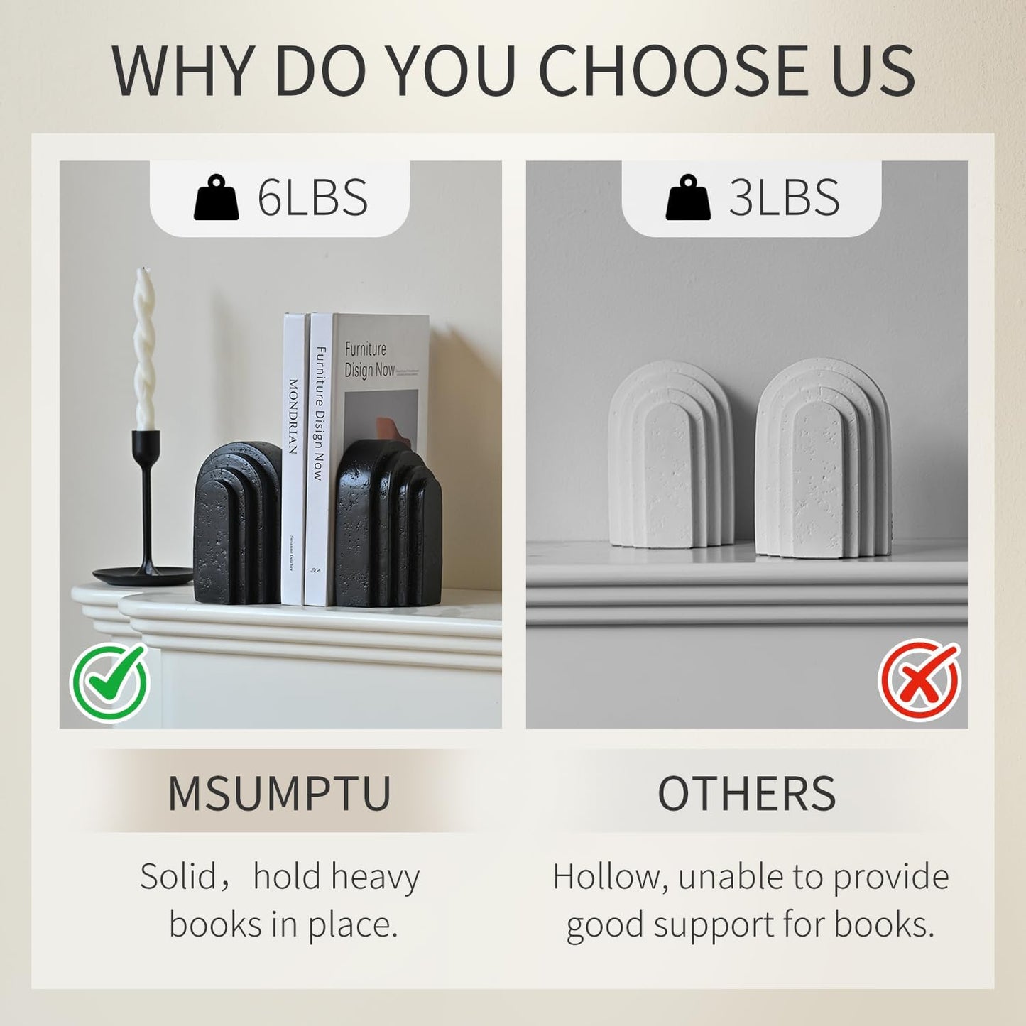 Decorative Bookends for Shelves, Set of 2 Book Ends for Heavy Books, Layered Arch Design Black Bookend