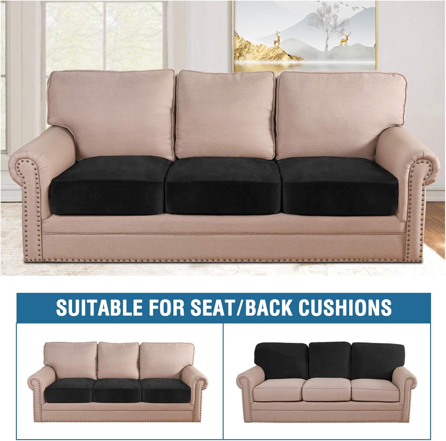 H.VERSAILTEX Velvet Stretch Couch Cushion Cover Plush Cushion Slipcover for Chair Loveseat Sofa Cushion Furniture Protector Seat Cushion Sofa Cover (3 Piece XL Sofa Cushion Covers, Black)