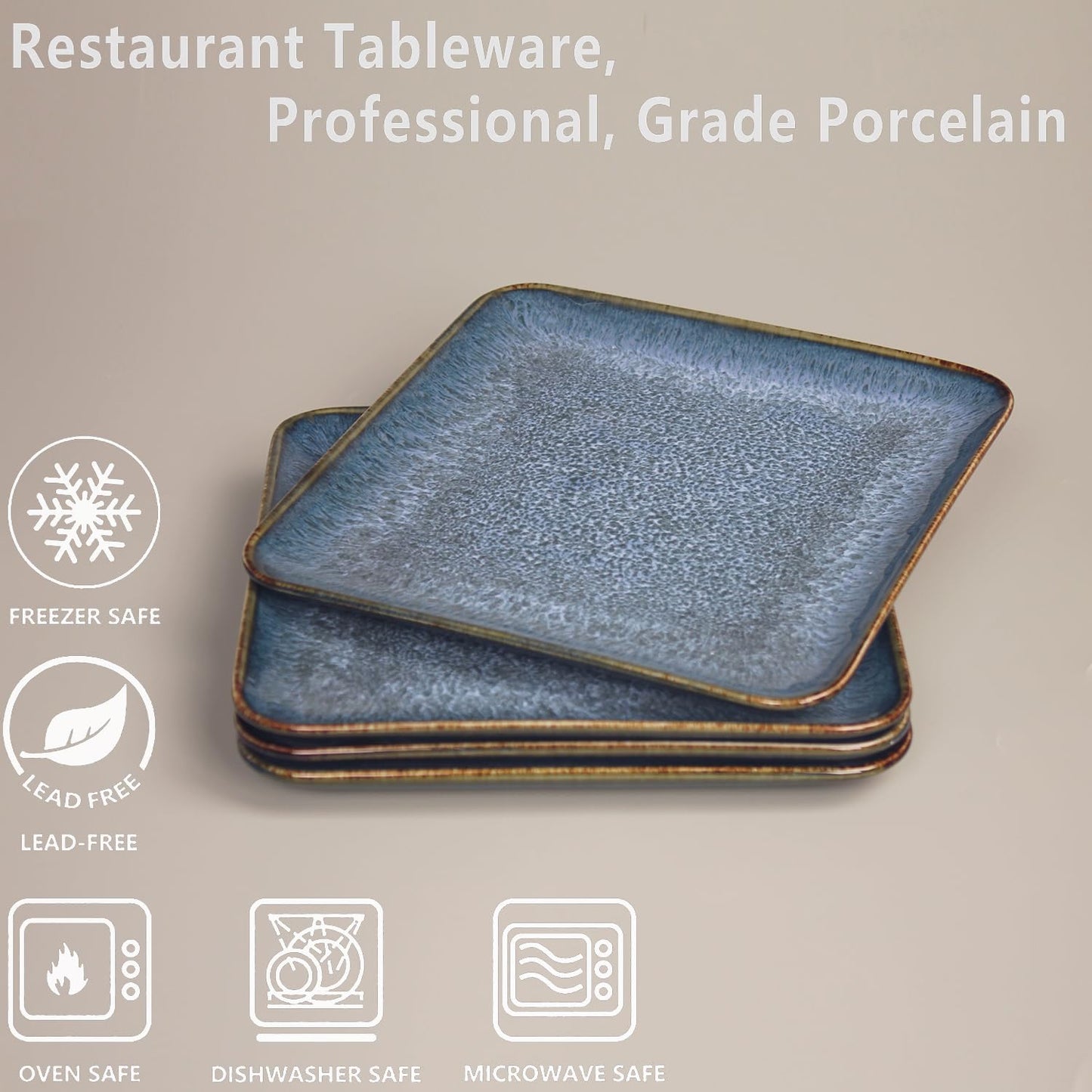 Porcelain Dinner Plates set dessert salad dish Set of 4, Main Dish for Steak, Bread, Pasta, Salad, Microwave Oven and Dishwasher Safe, Scratch Resistant Reusable 7.5 INCH Square