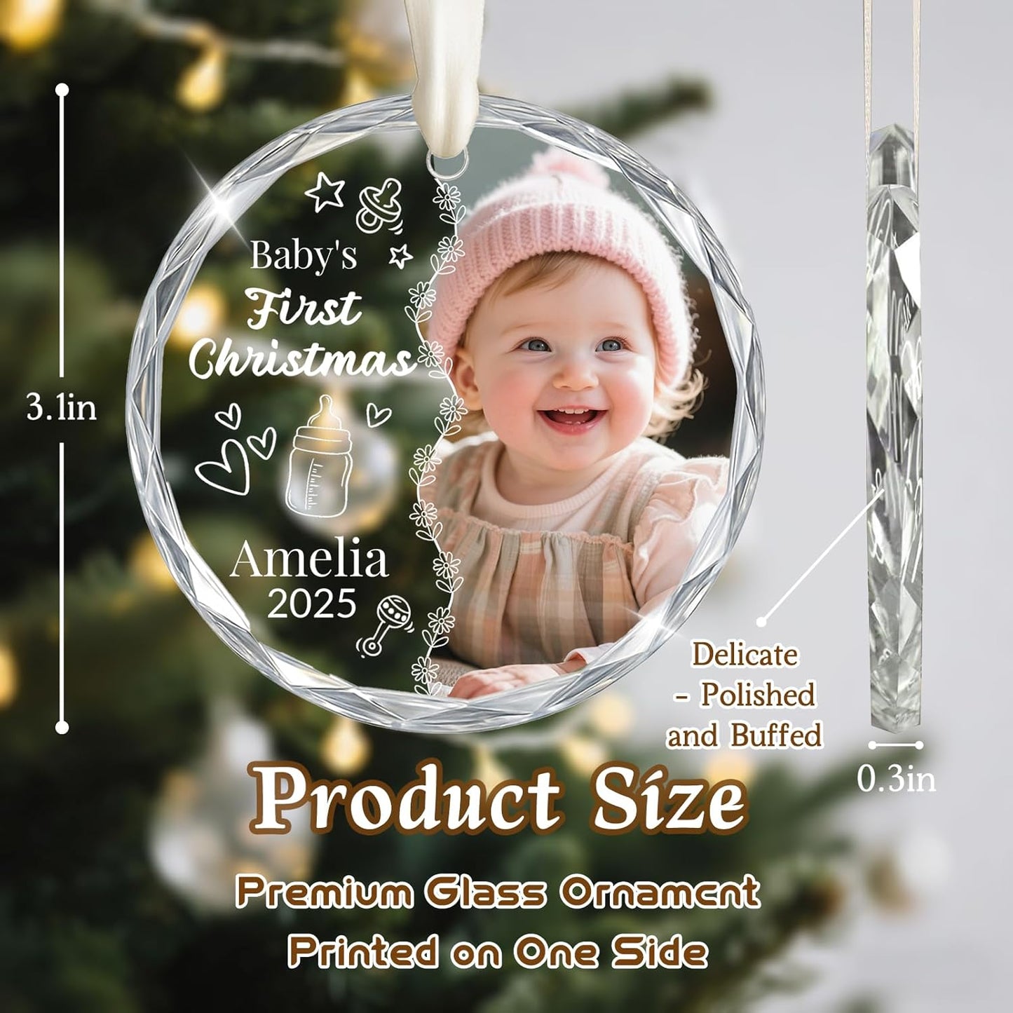 Personalized Baby's First Christmas Ornament 2025, Custom Christmas Photo Crystal Glass Ornaments with Name or Date, Personalized Christmas Tree Decor Gifts for Family, Friends,Pet or Baby