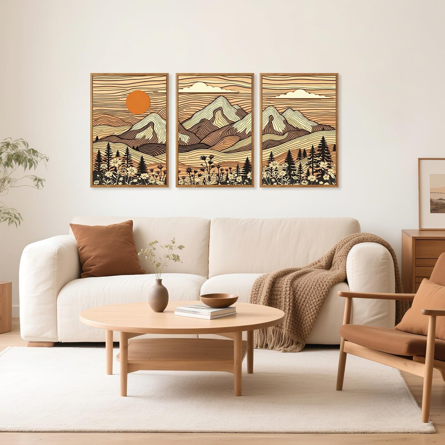 HPNIUB Mountain Framed Canvas Wall Art, Vintage Pine Tree Wall Decor, Country Wilderness Forest Wildflower Painting, Modern Nature Sun Art Prints for Living Room,Bedroom,Farmhouse- 16"x24"x3