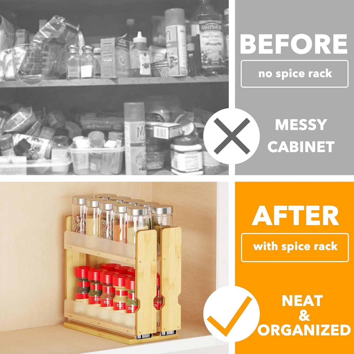 SpaceAid Bamboo Pull Out Spice Rack Organizer for Cabinet, Heavy Duty Slide Out Seasoning Kitchen Pantry Sliding Vertical Organization, 5.1" Wide, 2 Drawers(2" Wide), 2-Tier, Natural