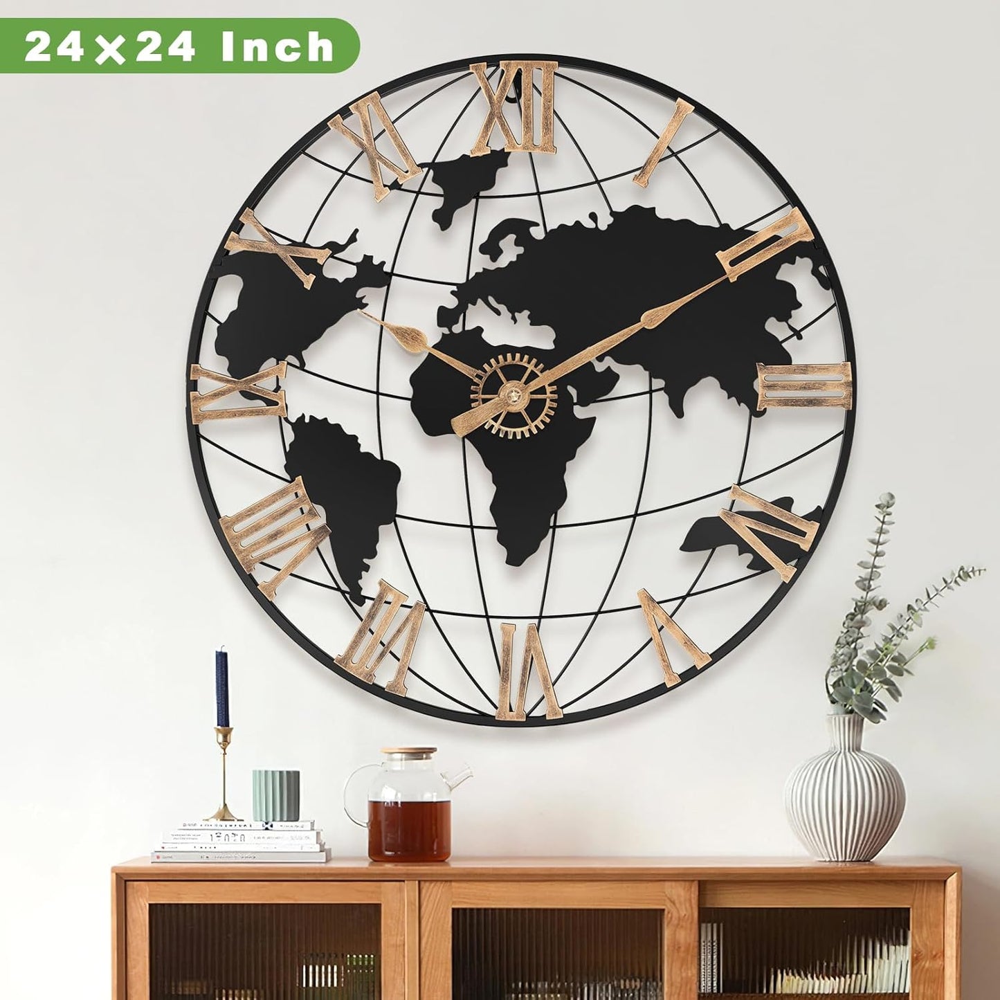 24 Inch Large Wall Clock for Living Room Decor,Big Modern Decorative Silent World Map Metal Wall Clock with Vintage Gold Roman Numeral for Office,Living Room,Kitchen,Dining Room