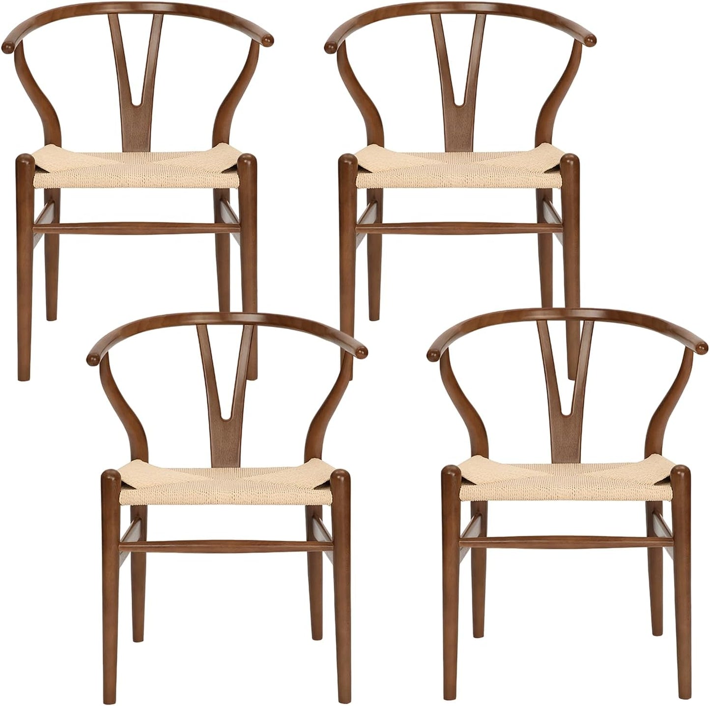Wishbone Chair Natural Solid Wood Dining Chair/Hans Vegner Y Chair Rattan and Wood Accent Armrest Chairs Set of 4 (Ash Wood - Walnut)