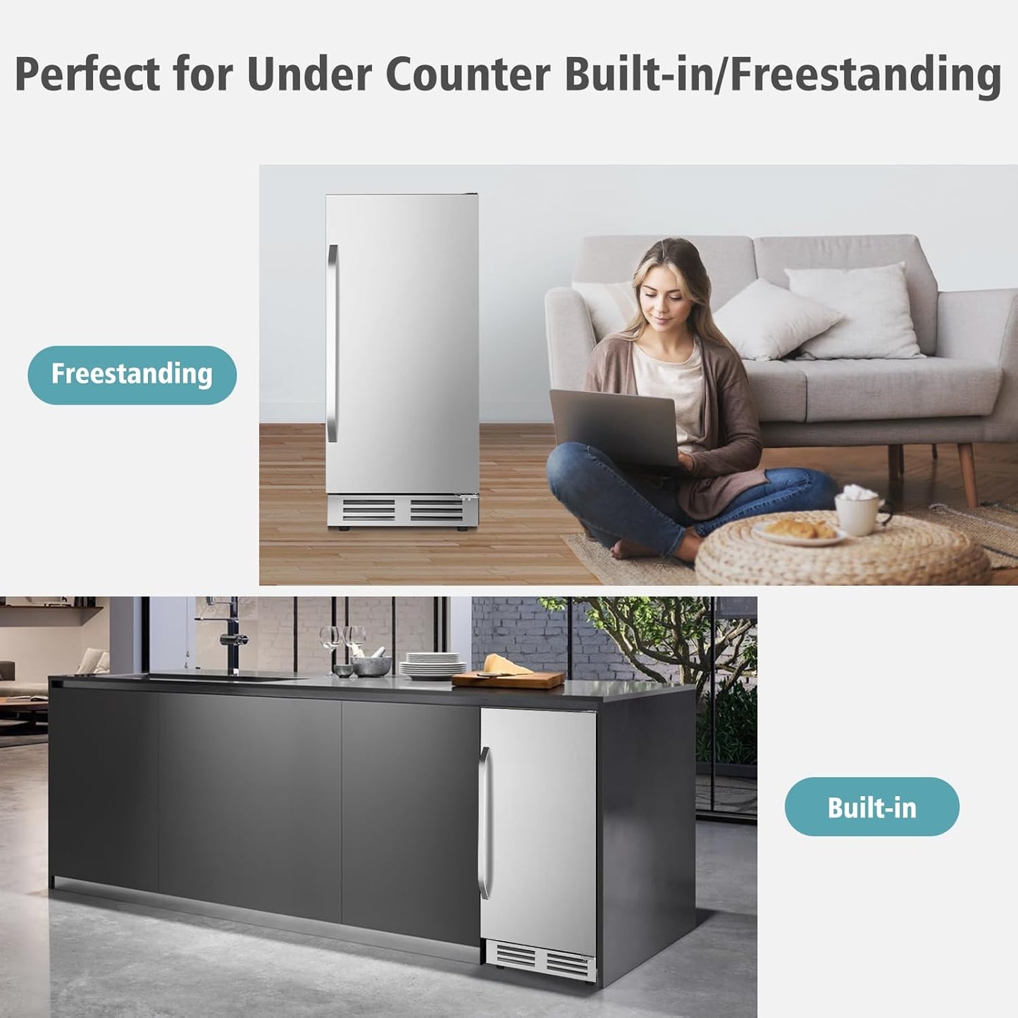 15 Inch Outdoor Beverage Refrigerator Cooler,Stainless Steel 127 Cans Beverage Fridge with French Door Under Counter Built-in or Freestanding, Perfect for Beer, Cola