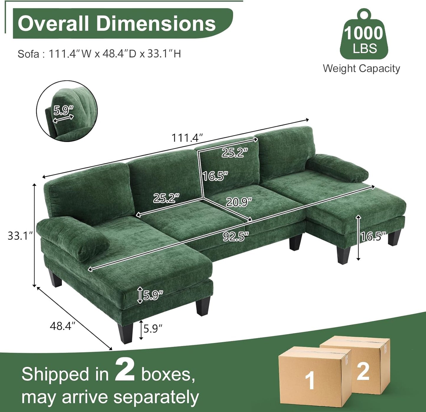 Karl home U-Shape Sectional Sofa Couch 111" Modern 4-Seat Sofa with Chaises Chenille Fabric Upholstered Covertible Couch with Wood Grain Legs for Living Room, Reception Room, Apartment, Green