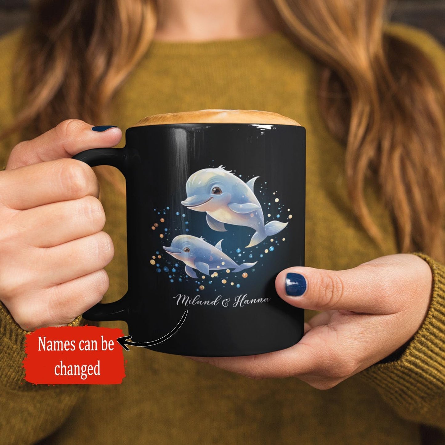 Custom Name Xmas Animal Cup, Cute Dolphins Swimming Design Mug 11oz 15oz, Customized Christmas Dolphins Black Cup, Personalized Animal Lover Coffee Mug, Gift For Newlyweds, Close Friend