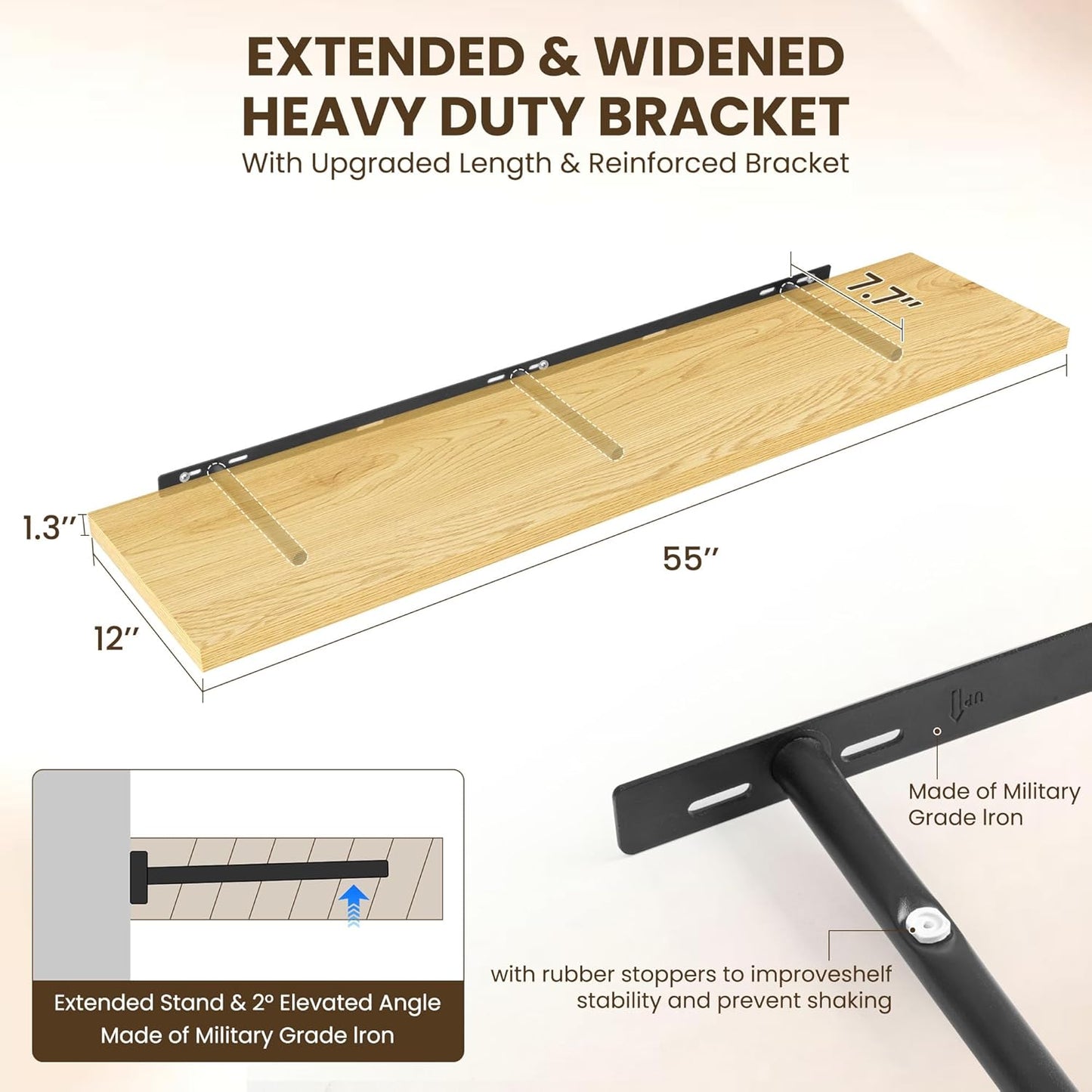 55" Floating Shelves for Wall, 12" Deep Slim Oak Floating Shelves, Wall-Mounted Shelves for Bedroom, Living Room, Kitchen, Bathroom - Set of 2