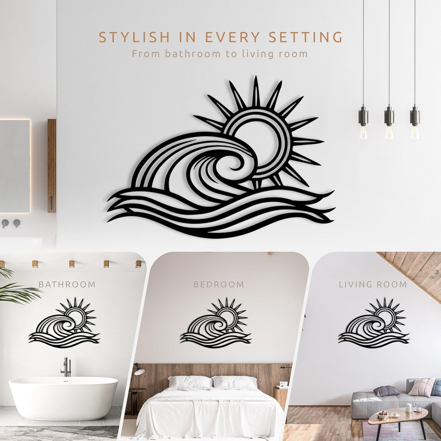 Wita Home Ocean Wave Metal Wall Art, Sun Beach Decor, Coastal Large Wall Sculpture for Home, Indoor/Outdoor Use, Nautical Wall Hanging, Eye-Catching Addition to Living Room (Black, 48 x 28 inches)