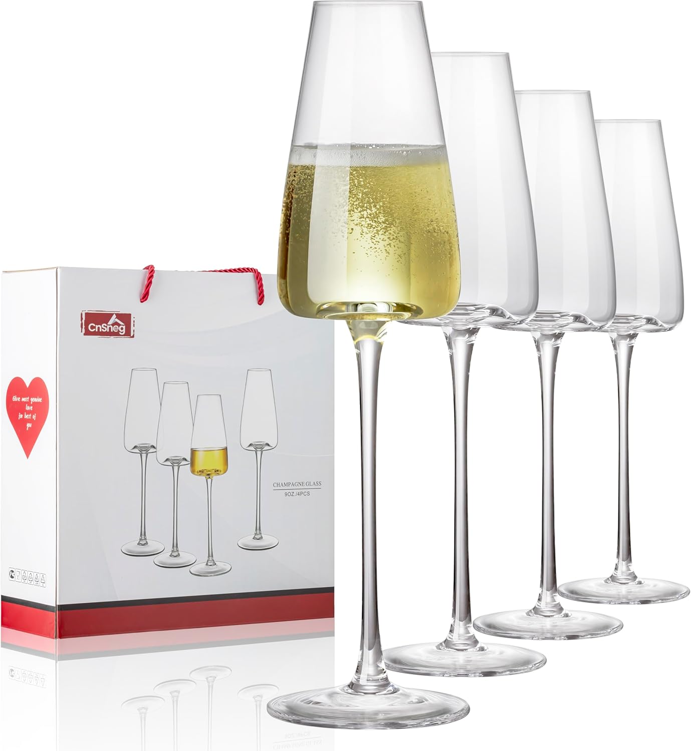 Champagne Flutes Glass Set of 4,Crystal Champagne Glasses 9OZ/ 270ML, Hand Blown Mimosa Glasses, Unique Champagne Gift for Wedding, Engagement Gift