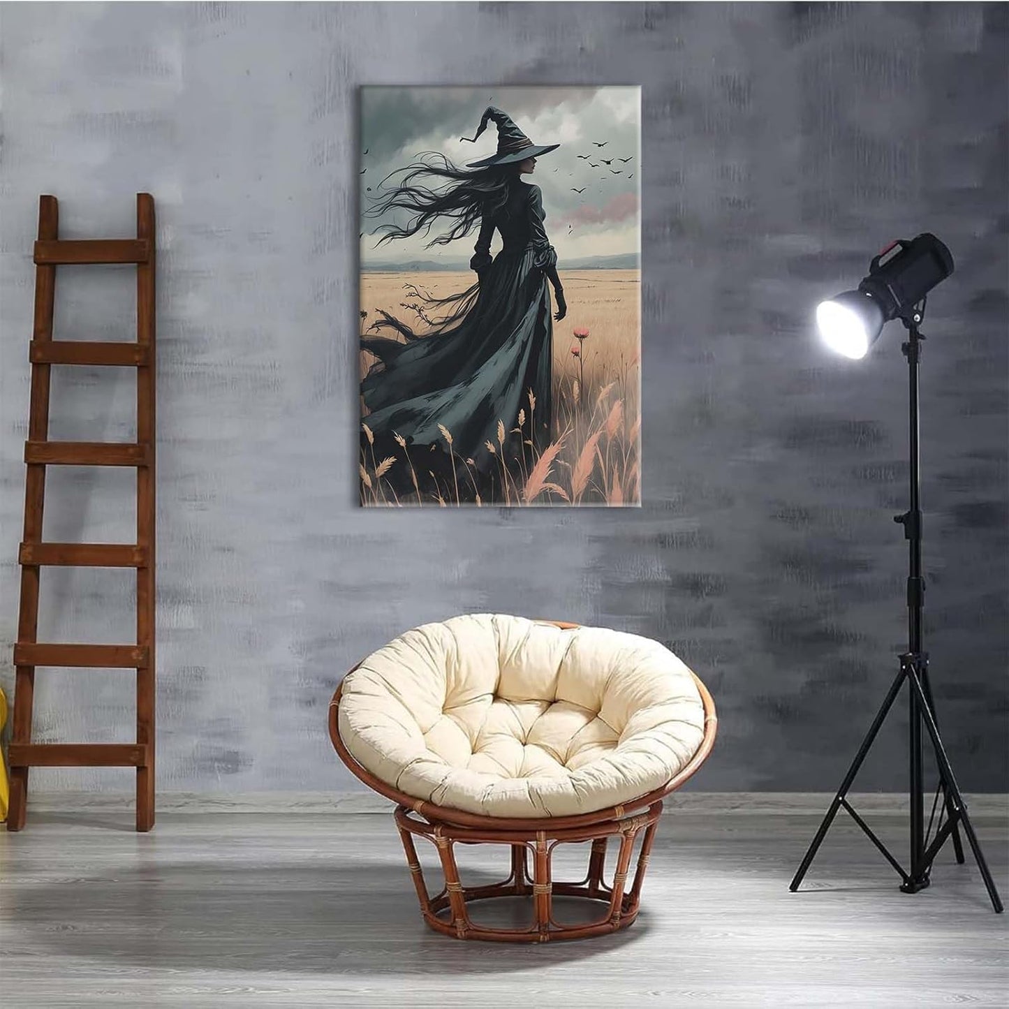 JFHCQJPK Gothic Decor Canvas Wall Art Witch in Rice Field Halloween Art Decor Print Nature Print Victorian Home Bedroom24x36in Frameless