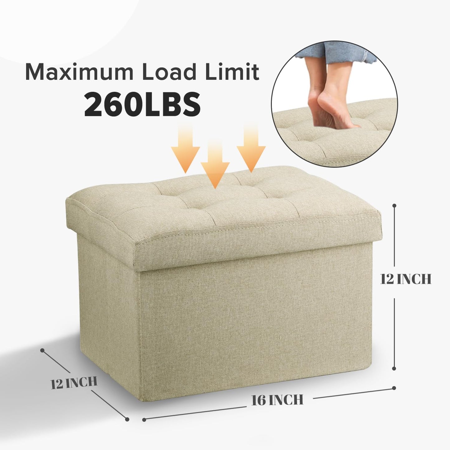LINMAGCO Ottoman Storage Ottoman with Storage Small Foot Rest Stool Under Desk Stool Short Folding Footrest Linen Cloth Beigh 16X12X12IN