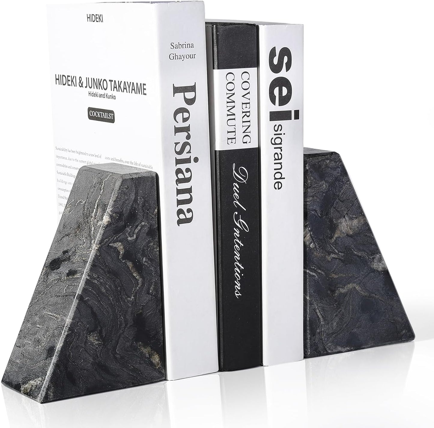 Marble Bookends for Heavy Books, Decorative Book Ends for Shelves, Titanium Black Stone Durable and Heavy-Duty Book Ends for Hardback Books & CDS, Unique Book Stopper & Holder, Set of 2
