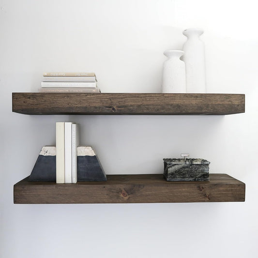 Modern Floating Shelves 3 Inches Thick for Wall, Wide Shelves for Kitchen, Living Room, Bedroom, and Bathroom, Natural Pine Wood, Rustic Wooden Shelf, (Set of 2) (Jacobean, 48Lx3Hx8D)