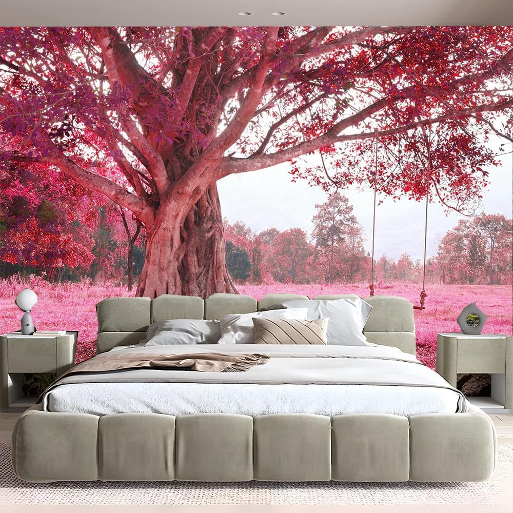 FENDROM Autumn Pink Flower Tapestry Window View Wall Hanging, Nature Forest Floral Trees Garden Scenic Tapestries for Living Room Home Office Dorm
