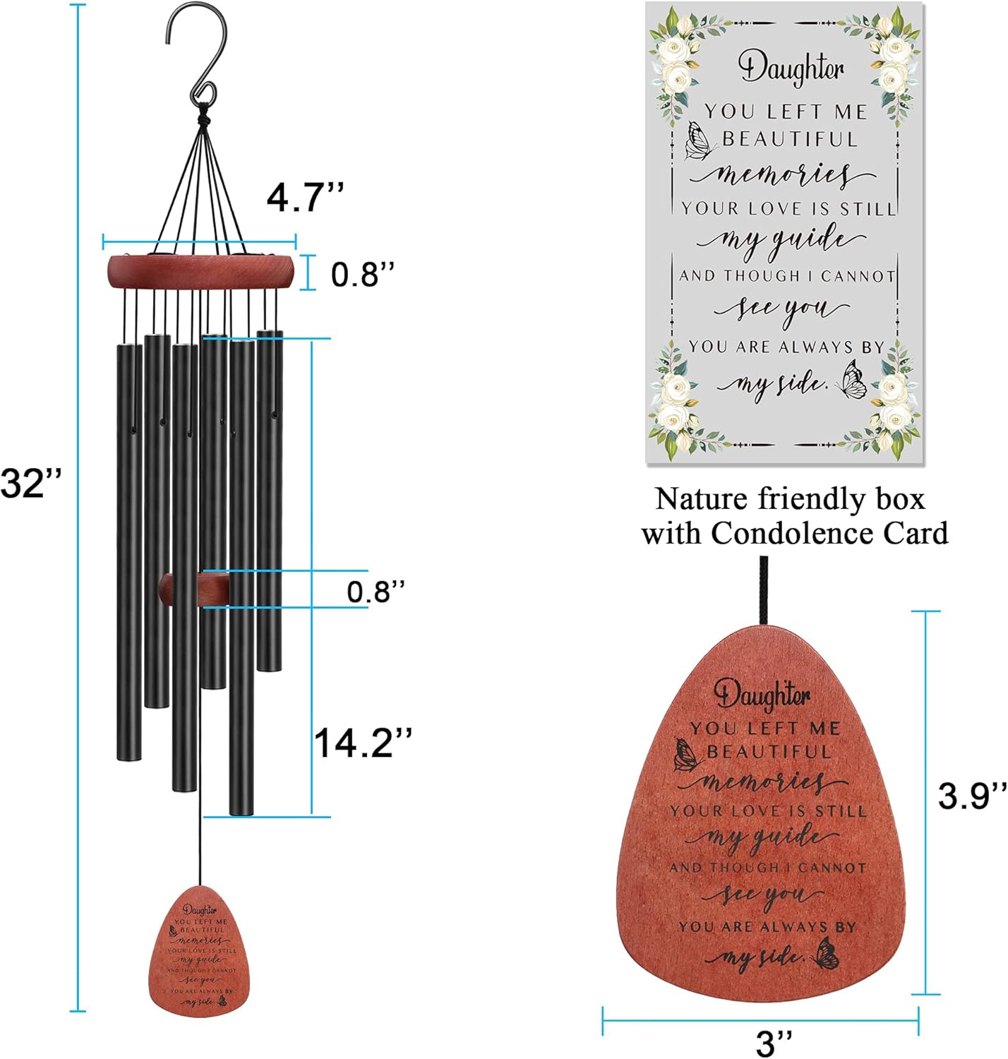 Memgift Memorial Wind Chime for Loss of Loved One - Sympathy Gift for Daughter - Outdoor Remembrance Wind Chime for Garden, Patio, Yard 32 Inch