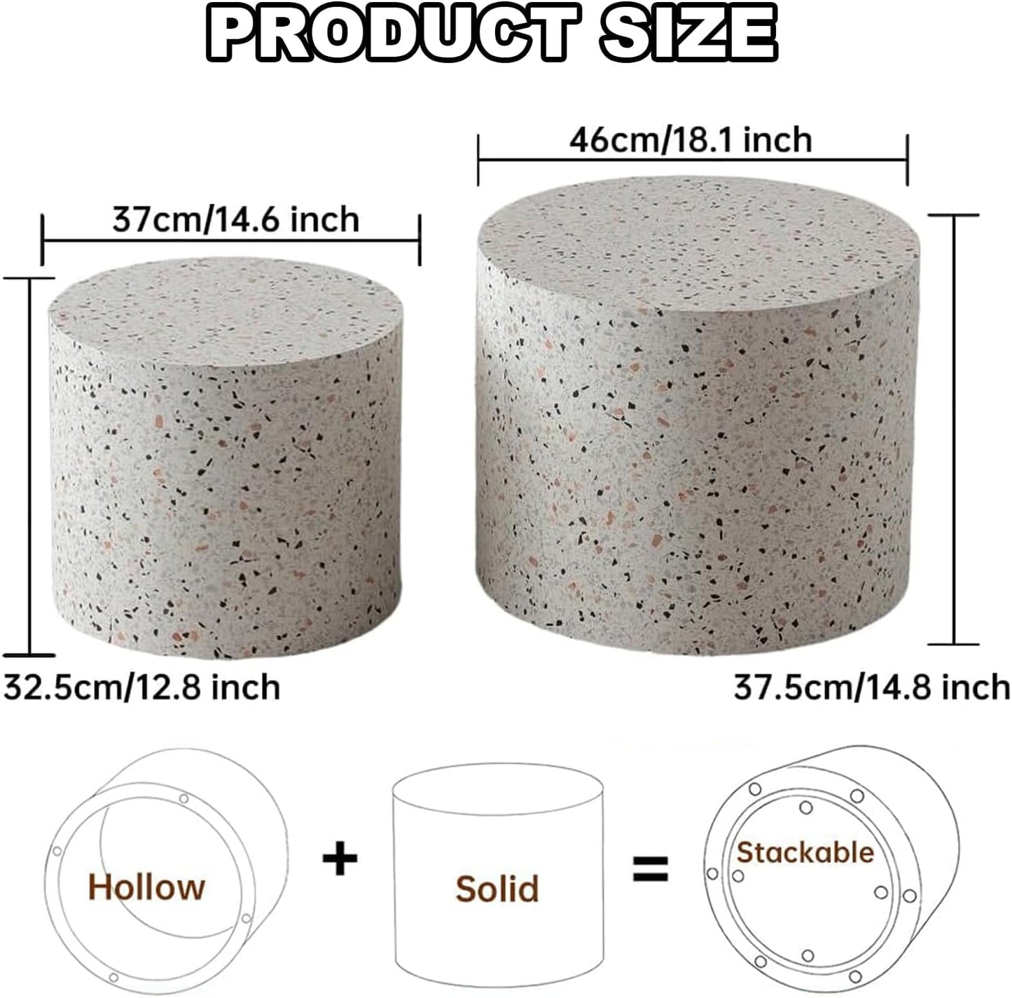 Round Nesting Coffee Table Set of 2 Modern Wooden Drum Coffee Table and End Table Sets Small Side Tables Circle Accent Center Tables for Living Room Apartment,No Assembly,Terrazzo