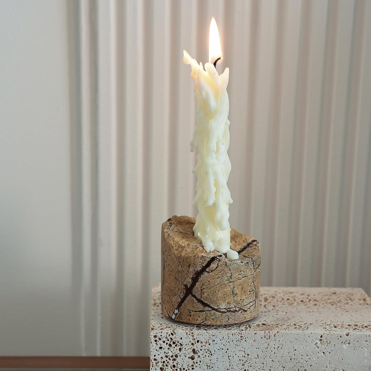 Travertine Candle Holder - Handmade Marble Candlestick Holder for Taper Candle - Vintage Small Stone Candle Sticks Holder Decor for Table Centerpieces, Wedding, Party, Fits 3/4 Inch Thick Candle