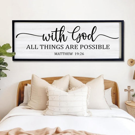 With God All Things are Possible Framed Wall Art, 40''×15'' Black Positive Religious Rustic Bible Verse for Christian God Jesus Christ Prayer, Holy Horizontal Inspirational Catholic Scripture Decor