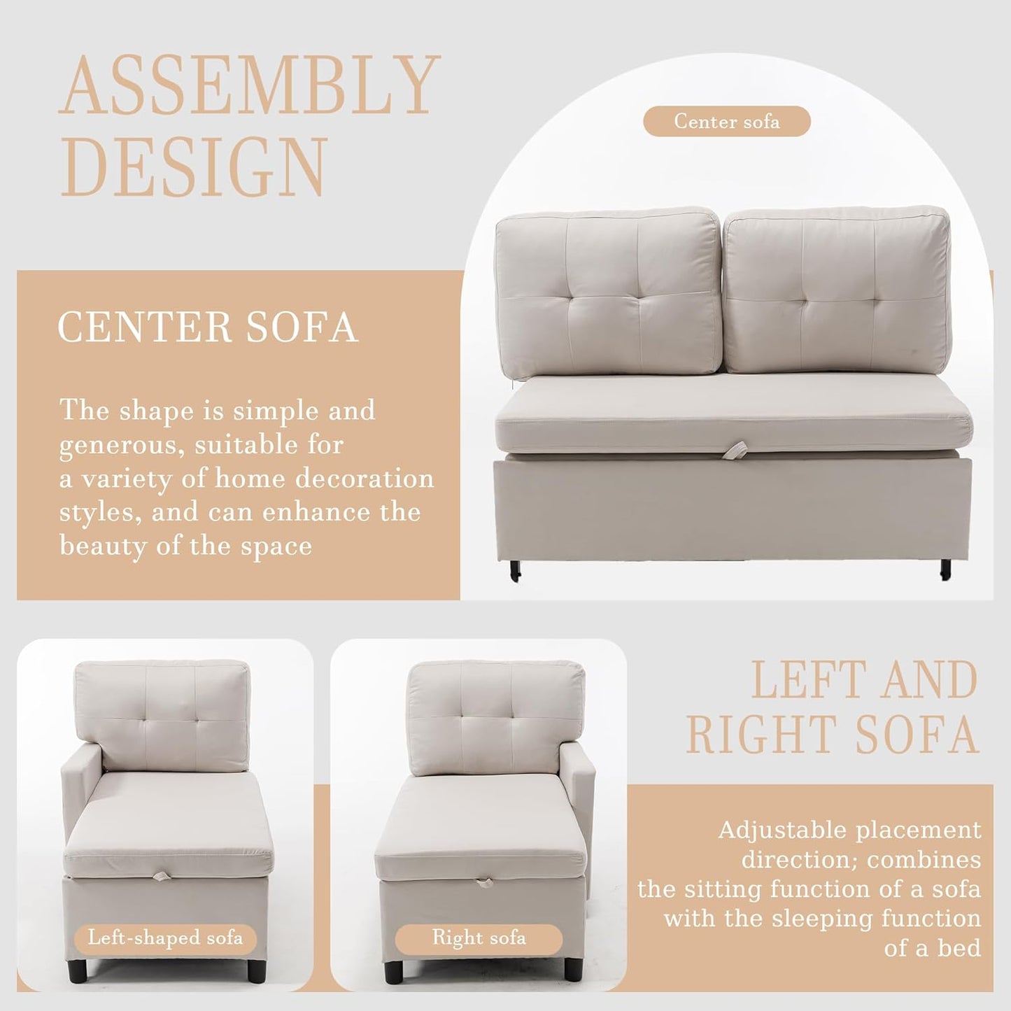 Pull Out Couch, Oversized Sleeper Sofa Couch, Sectional Sleeper Sofa Bed for Living Room Bedroom Lounge (Beige, 110 Inch)