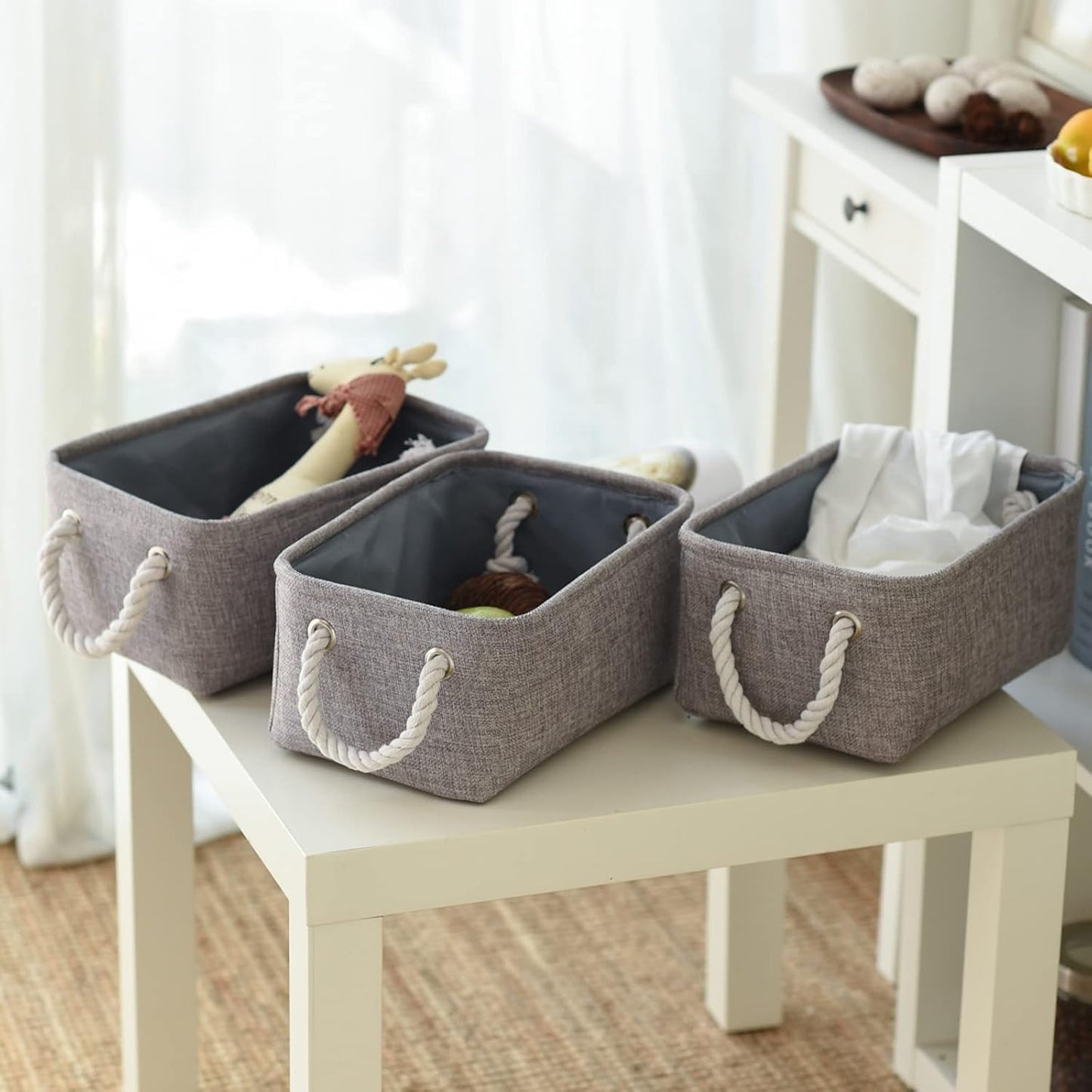 Small Fabric Storage Baskets (6-Pack), Foldable Gift Baskets with Rope Handles for Home & Office Organization