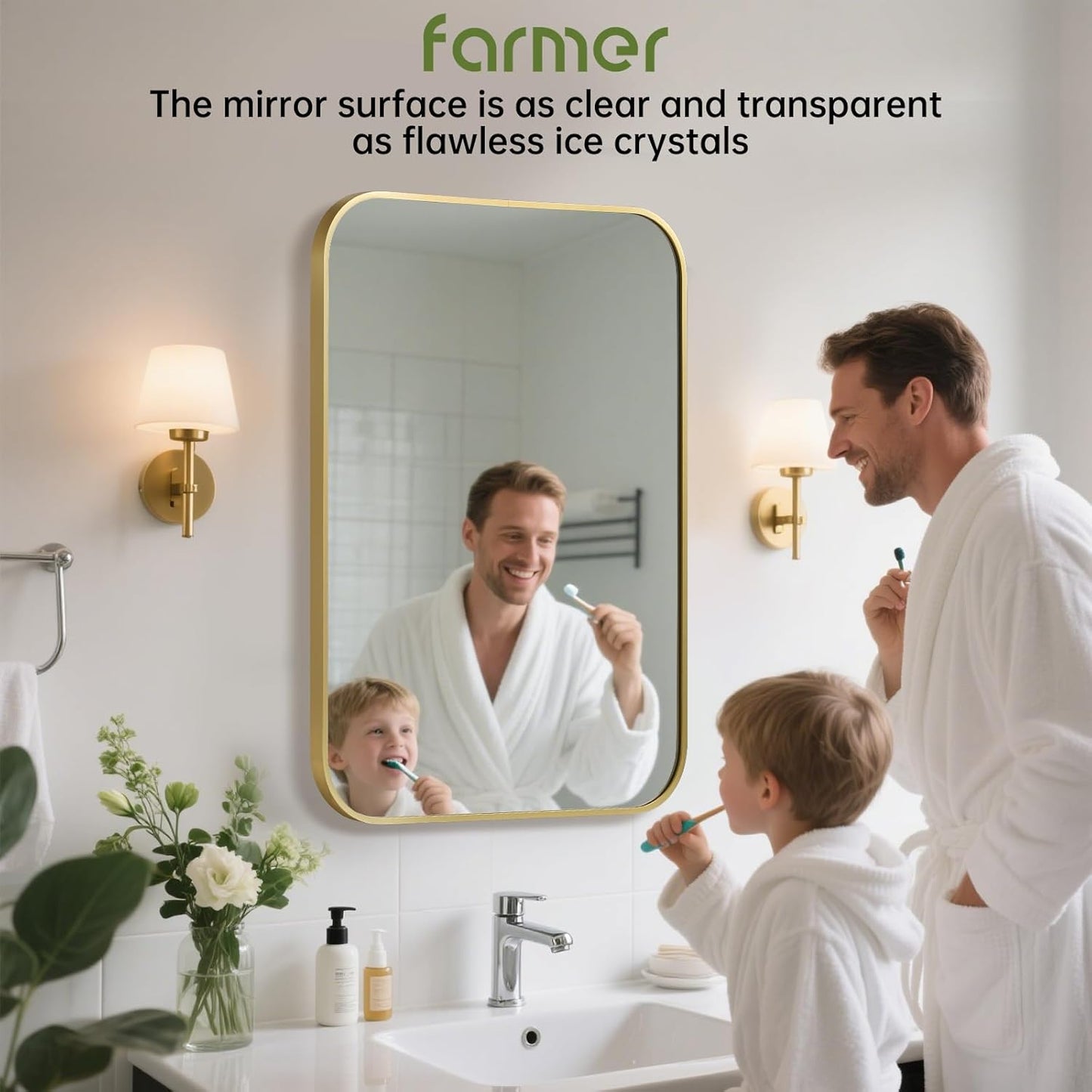 FARMER 16x20 Inch Gold Bathroom Mirror, Rectangle Vanity Mirror, Brushed Mirrors for Wall, Metal Frame Hanging Mirror with Round Corner for Bedrooms, Entryways, Living Rooms, Horizontal/Vertical